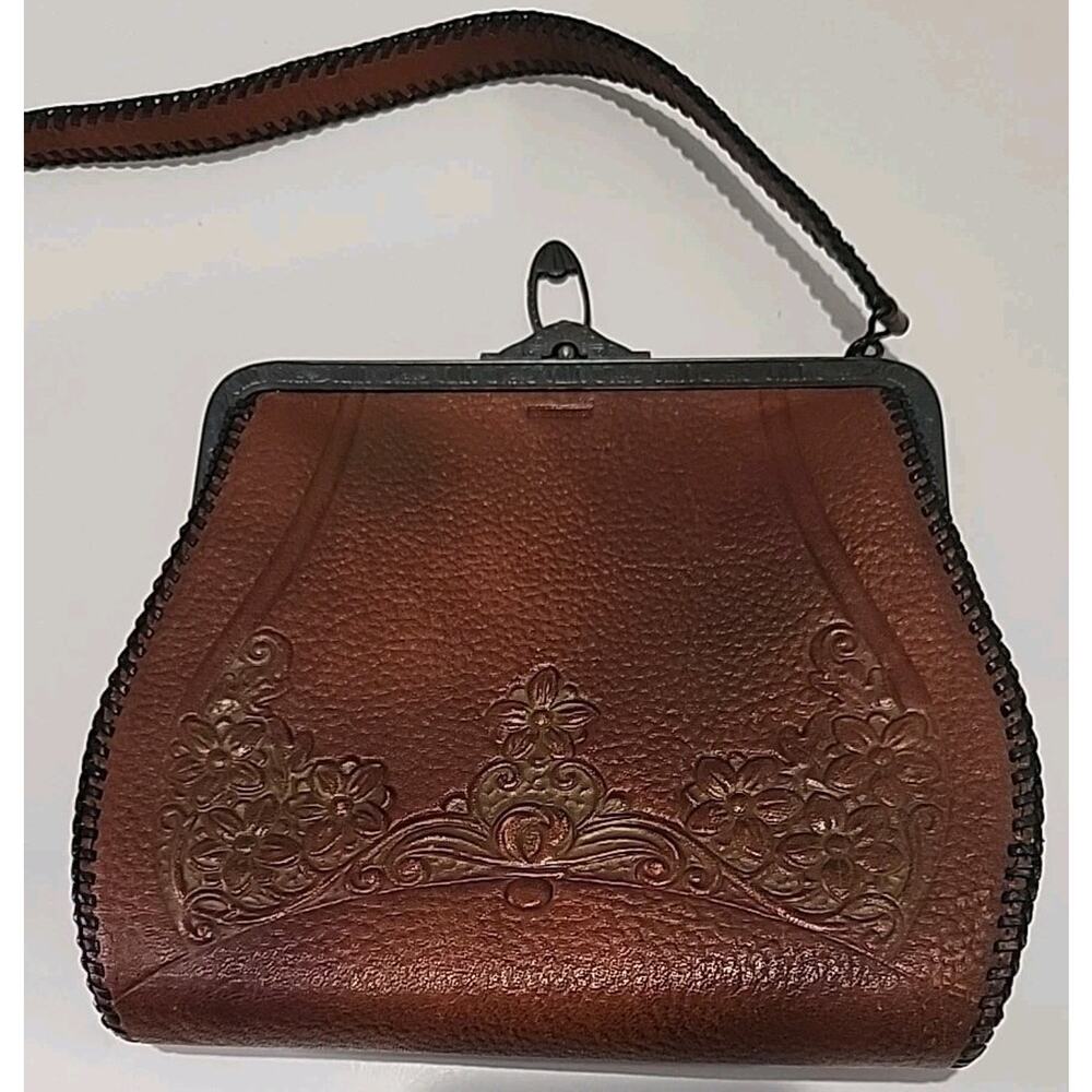 1910's Hand Tooled Leather Arts & Crafts Purse Floral Motif Brown READ***